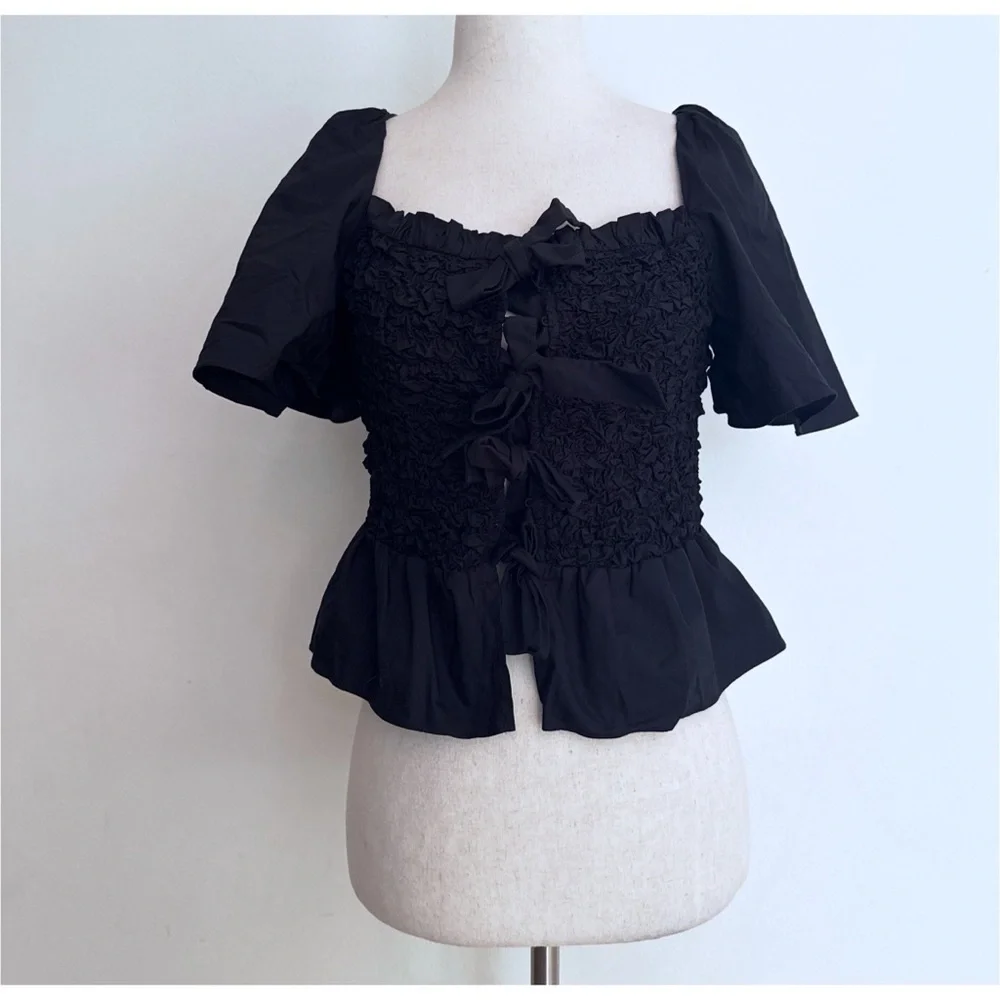 NWT Anthropologie x Mare Mare Bow-Front Tied Bows Blqck Smocked Peplum Blouse S‌